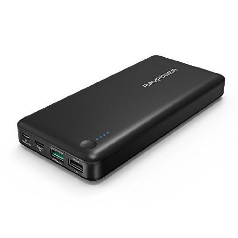 Portable Battery RAVPower 20100mAh Qualcomm Quick Charge 20 External Battery Pack Power Bank with Quick Charge Technology USB-C  Type-C Port and iSmart Technology for Samartphones Tablets and more - Black