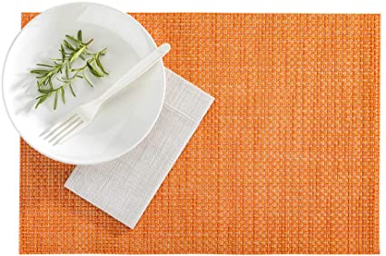 Amalfi Basketweave Papaya Vinyl Woven Placemat - 16" x 12" - 6 count box - Restaurantware