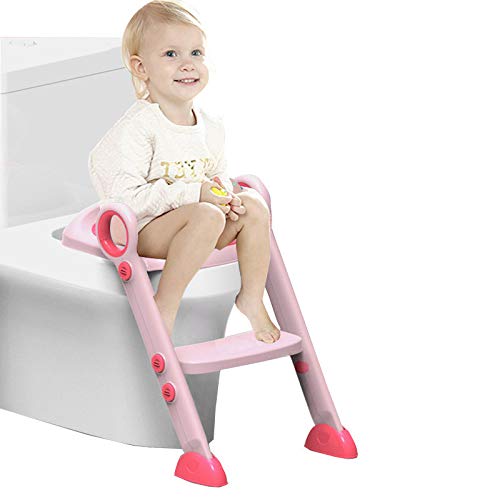 Adjustable Baby Toilet Potty Training Seat,Toddler Toilet Training Seat with Sturdy Non-Slip Ladder Potty Trainer for Boys and Girls Baby Comfortable PU Sofit Seat (Pink)