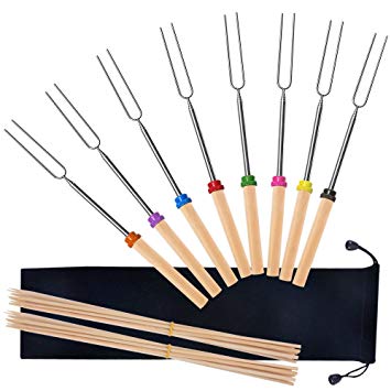 Alotpower Telescoping Marshmallow Roasting Sticks, 8 Extendable Stainless Steel Grilling Fork with Wooden Handle 32 Inch & 20 Bamboo Sticks BBQ Tool Set