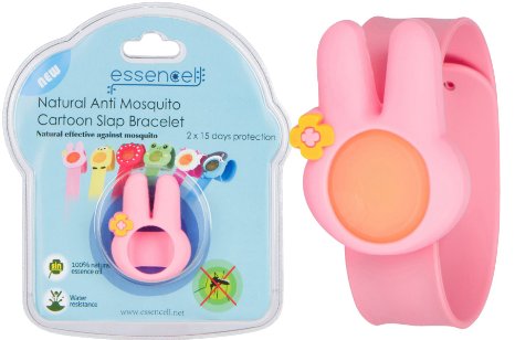 Essencell All Natural Mosquito Repellent Cartoon Slap BraceletPendent 2x Repellent Refills -Bug and Insect Protection for up to 30 days-No Spray DEET-FREE Waterproof -Pink Rabbit