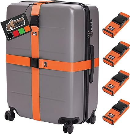 Gorilla Grip Heavy Duty 4 Pack Adjustable Luggage Straps for Suitcases, Easy to Identify Travel Belt Connector Holds Suitcase Together, Extends Life of Bag, Strap Connects Two Bags, Accessories Orange
