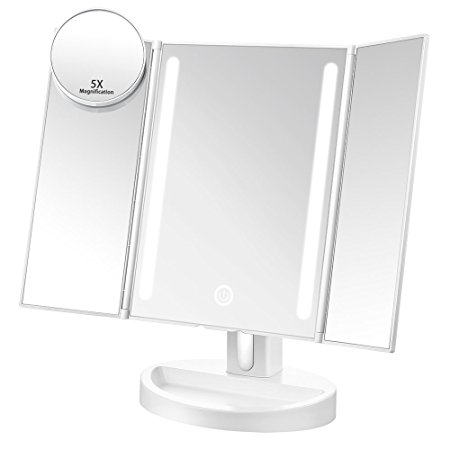 Jerrybox Trifold LED Makeup Mirror with Touch Screen Dimming,Vanity Table Top Folding Cosmetic Mirror with Removable 5x Magnifying Mirror, 180° Rotation，USB Charging or Battery, Natural LED, Adjustable Light（White）