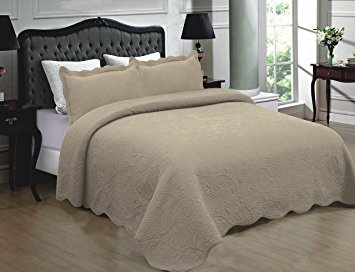 Mk Collection 3pc Quilted bedspread Embroidery Solid 100% Cotton New (King, Taupe)