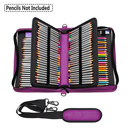 NIUTOP 160 Slots Pencil Case PU Leather Large Capacity Zipper Pen Bag with Adjustable Strap for Colored Pencil Watercolor Pencils Marco Pens and Cosmetic Brush (Purple)