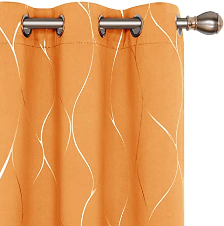 Deconovo Blackout Curtains Wave Foil Print Pattern Room Darkening Curtain Thermal Insulated Window Energy Saving Drapes for Bedroom 42W x 63L Inch Set of 2 Panels Orange Flame