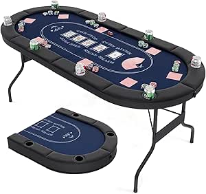 Goplus 72” Poker Table Foldable, 8 Players Card Board Game Table w/Deep Metal Cup Holders, Casino Grade Felt, Portable Folding Oval Blackjack Table for Texas Holdem, No Assembly Required (Blue)