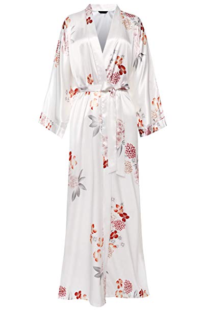 BABEYOND Floral Kimono Robe Satin Silk Wedding Robe 1920s Kimono Nightgown Sleepwear 53 Inches Long