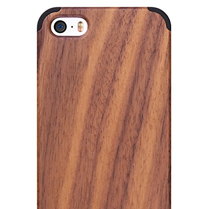 iCASEIT iPhone SE / 5S / 5 Wood Case - Handmade Premium Quality Genuinely Natural & Unique - Strong & Stylish Snap on Back Bumper - Non-Slip, Precise Fit - Walnut / Black