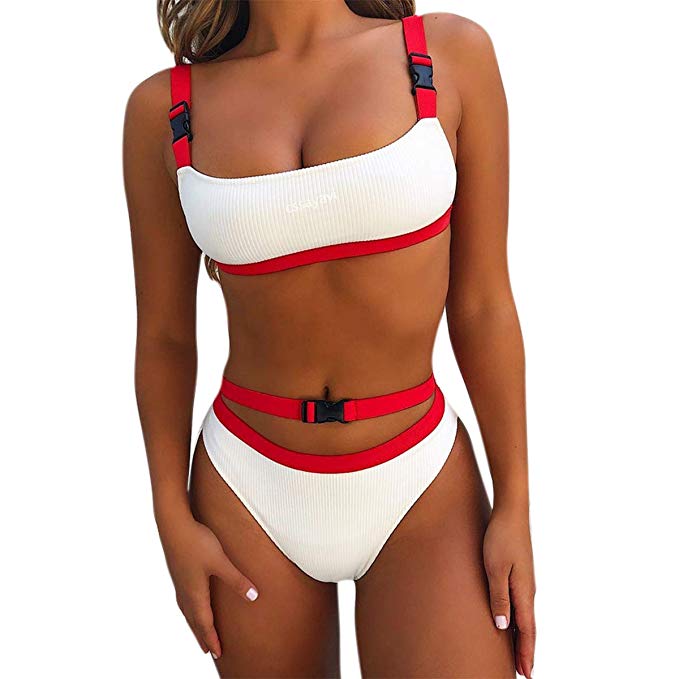 Womens Sexy Bikini High Waist Plush Up Swimwear Strap Cutout Swimsuits Two Piece Bathing Suit with Buckle