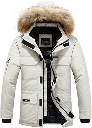 PRIJOUHE Mens Winter Coat Removable Hooded Thicken Warm Windproof Padded Parka Jacket with Faux Fur