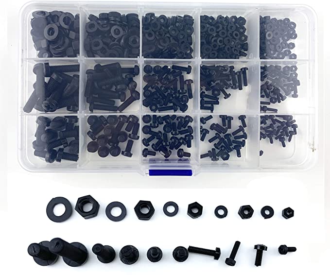 Readytosky Metric M2 M2.5 M3 M4 M5 Nylon Screws Metric Plastic Machine Pan Round Head Screw Nut Bolt Assortment Kit with Screws Organizer Box(510PCS)