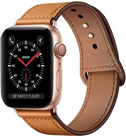 KYISGOS Compatible with iWatch Band 40mm 38mm, Genuine Leather Replacement Band Strap Compatible with Apple Watch Series 5 4 3 2 1 38mm 40mm, Camel Brown Band   Rose Gold Adapter