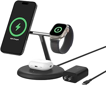 Belkin 3-in-1 Wireless Charging Stand with Magnetic MagSafe Compatible Qi2 15W, Fast Charging iPhone Charger for iPhone 15, 14, and 13 Series, AirPods, Apple Watch, & More (PSU Included) - Black