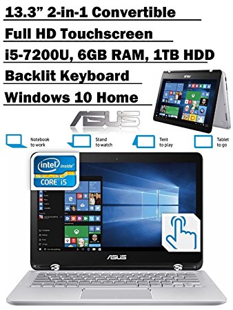 Premium ASUS Q304UA 13.3-inch 2-in-1 Touchscreen Full HD Laptop PC, 7th Intel Core i5-7200U up to 3.1GHz, 6GB RAM, 1TB HDD, Silver