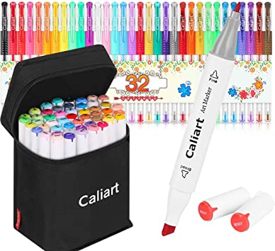 Caliart 40 Colors Alcohol Based Art Markers (Fine & Chisel)   32 Colors Gel Pen Set Sketch Markers Pens for Kids, Artist Art Markers, Adult Coloring and Illustration