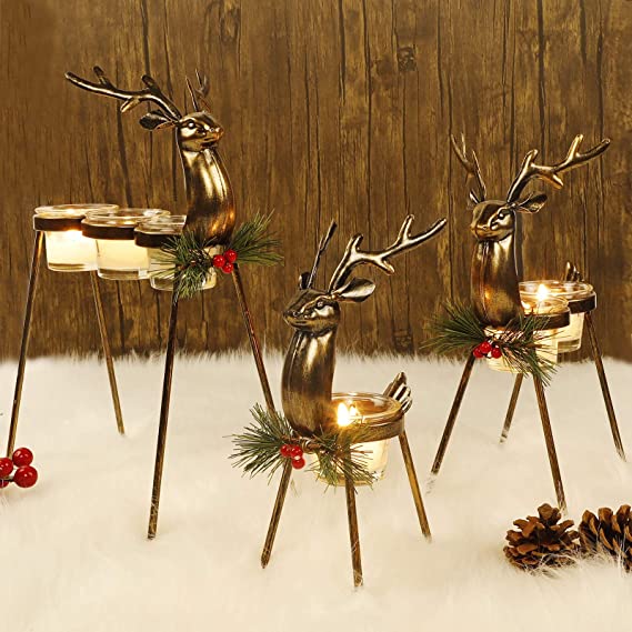 FORUP 3 Pack Metal Reindeer Tea Light Candle Holders, Glass Votive Candle Holders, Christmas Reindeer Metal Candle Holders, Christmas Table Decorations for Home