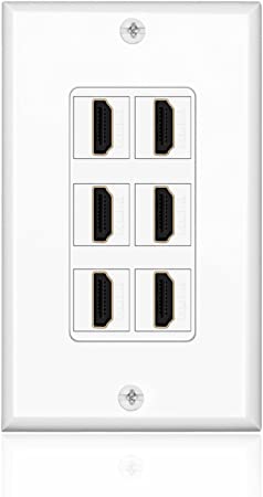 TNP HDMI Wall Plate (6 Port, White) HDMI Face Plate Socket Insert Jack Outlet Panel Mount Support 4K 60Hz HDR ARC/eARC Full HD 3D Ethernet High Speed Cable Extension Coupler f/Projector & Home