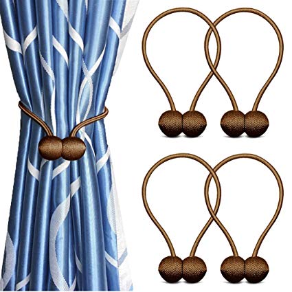 HILELIFE Magnetic Curtain Tiebacks Clips - Window Tie Backs Holders for Home Office Decorative Rope Holdbacks Classic Tiebacks Design (2 Pair (Brown))