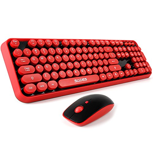 Wireless keyboard and mouse,Cute Wireless Keyboard with Round Retro Style Red Key,SADES v2020(red black),2.4 GHz Connectivity,for PC,Laptop