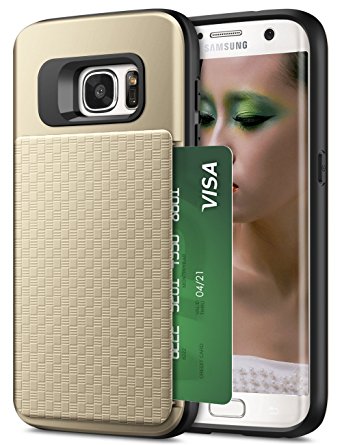 Galaxy S7 Edge Case, Aemotoy Push Card Series Dual Layer Slim Fit Galaxy S7 Edge Wallet Case Heavy Duty Anti-Scratch Shockproof Protective Armor Phone Case Cover with ID Credit Card Slot - Gold