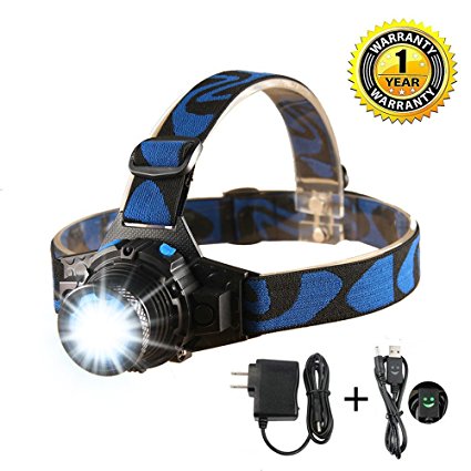 OZLON Waterproof LED Headlamp Head torch with Zoomable Focus Length and Rechargeable Li-ion Battery, Wall Charger and USB Charging Cable Included for Running,Jogging,Free Work,Hiking,Fishing