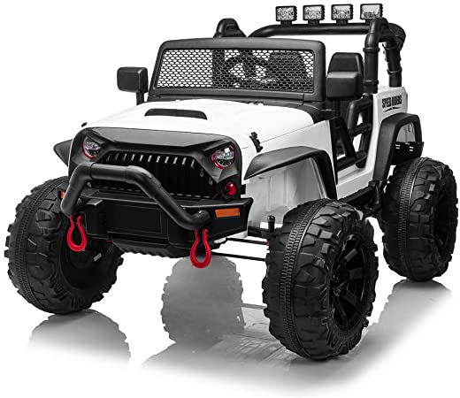 JOYMOR 12V Ride on Truck, Two Seat Kids Electric Battery Powered Car w/ 2.4G Remote Control, Motorized Toddler Vehicles Truck Toy, Wheels Suspension, LED, Music, Adjustable Speeds (White)