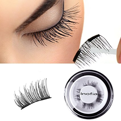 Dual Magnetic False Eyelashes- Inofia Reusable Magnet Fake Eyelashes 1.5cm Half Cover Ultra Thin 0.2mm for Natural Look NO GLUE Fabric Eyelashes Extension with Free Eyebrow Clip (1 Pair/4 Pieces)