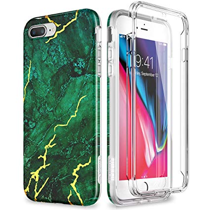 SURITCH Marble iPhone 8 Plus Case/iPhone 7 Plus Case, [Built-in Screen Protector] Full-Body Protection Hard PC Bumper   Glossy Soft TPU Rubber Shockproof Cover for iPhone 7 Plus/8 Plus- Green/Gold
