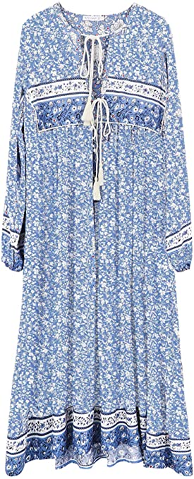 R.Vivimos Women's Long Sleeve Floral Print Retro V Neck Tassel Bohemian Midi Dresses