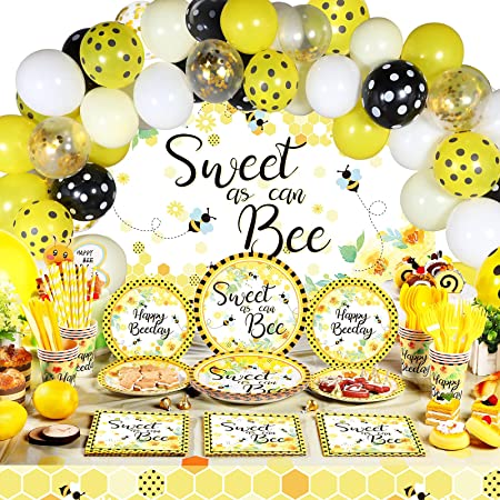 190 Pieces Bee Party Supplies Honey Bee Party Table Cover Sweet As Can Bee Backdrop Banner Bee Themed Tableware and Balloons Set for Baby Shower Gender Reveal Kids Birthday Party Decor