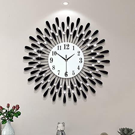 Fleble Metal 23.6 inch Black Drop Wall Clock 3D Non-Ticking Silent Quartz Clocks,White Glass Dial with Arabic Numerals,Diamond Round Home Decoration