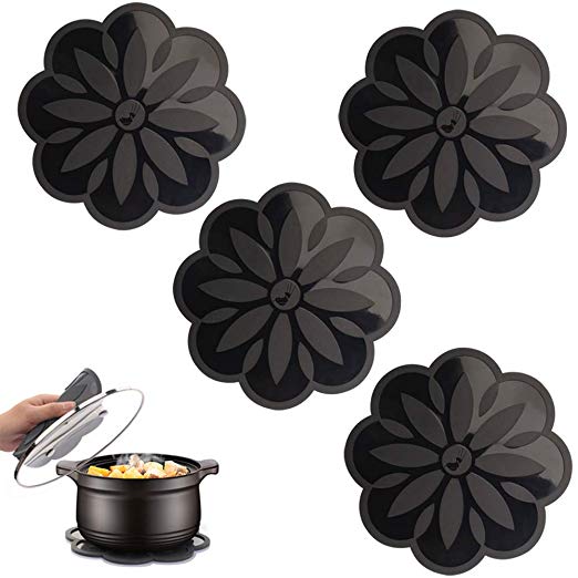 ME.FAN Silicone Trivet Mat [4 Set] Centaury Pot Holders, Hot Pads For Pots & Pans, Jar Opener, Spoon Rest & Coasters Heat Resistant Non Slip Flexible & Durable - Diameter:6.7’’ (Black)