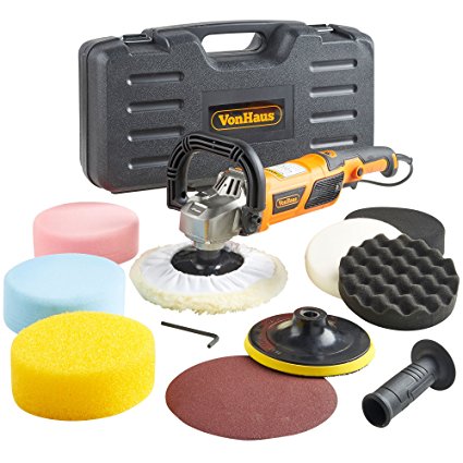 VonHaus 1200w Polisher Sander Machine Kit Sponges Orbit Buffer Pads Paper 8 Accessory Kit – 600-3000 RPM Variable Speed – Auxiliary D Handle – Car, Boat, Motorbike