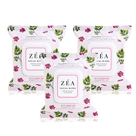 ZÉA Facial Wipes Infused With Rose Hip Essential Oil-Alcohol and Paraben Free-30 Wipes Per Package-3 Packages Total-Use to Remove Make-up and Impurities