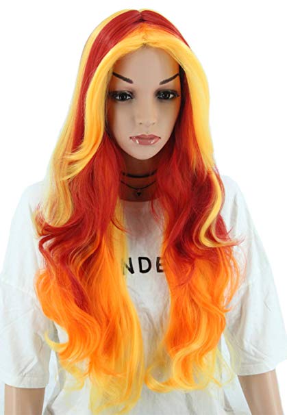 Topcosplay Womens Wigs Long Wave Devil Fire Wig Ombre Colorful Wigs Halloween Costume Cosplay Party Wig Red Orange Yellow