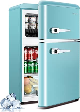 3.2 Cu.Ft Compact Refrigerator Mini Fridge with Freezer, Retro Double Door Small Fridge, 7 Level Thermostat Removable Shelves, Small Refrigerator for Dorm, Office, Bedroom, Blue