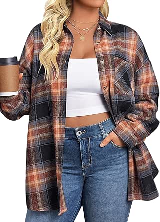 IN'VOLAND Womens Plus Size Flannel Plaid Shirts Roll Up Long Sleeve Casual Collared Button Down Shirt Loose Blouse Top