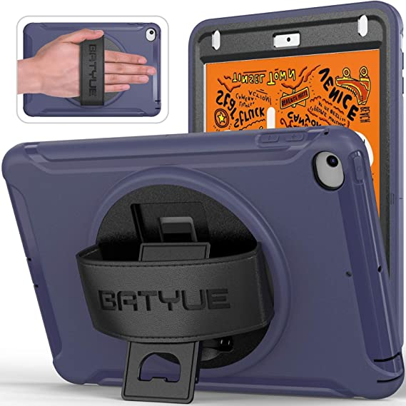 BATYUE Case for iPad Mini 5/Mini 4, Triple Layer [Heavy Duty] Rugged Shockproof Protective Cover with 360 Degree Rotating Stand/Leather Hand Grip for Apple iPad Mini 5th/4th Generation-Kids (Blue)