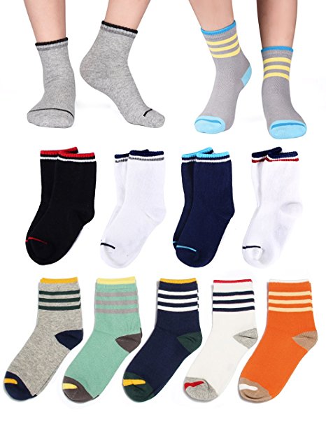 Queen-Ks Kids Boys and Girls Three Bars Toddler Striped Athletic Contrast Crew Cotton Socks Non Skid Sports Ankle Seamless