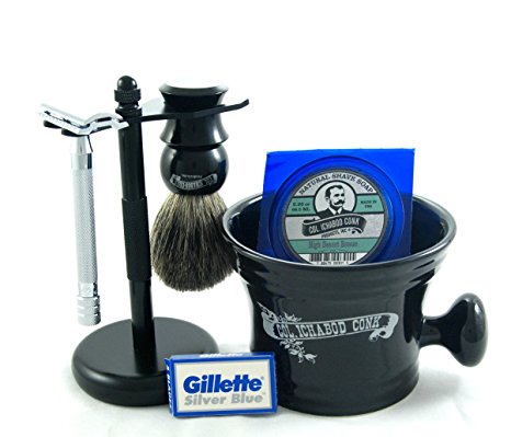Colonel Conk Shave Kit - Safety Razor, Bowl, Badger Brush, Shave Soap, Stand, and Extra Blades - Black Edition