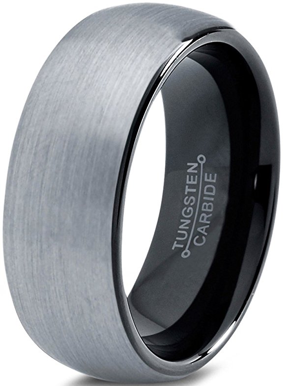 Tungsten Wedding Band Ring 8mm for Men Women Comfort Fit Black Enamel Domed Round Brushed Lifetime Guarantee