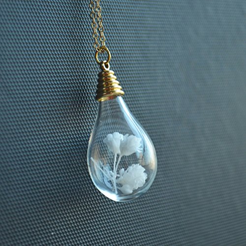 White Blooming Babysbreath Real Flower In Glass Water Drop 18K Gold Plated Long Necklace 26" Length