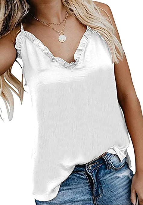 Poulax Women's V Neck Ruffle Front Cami Tank Tops Casual Sleeveless Shirts Blouses