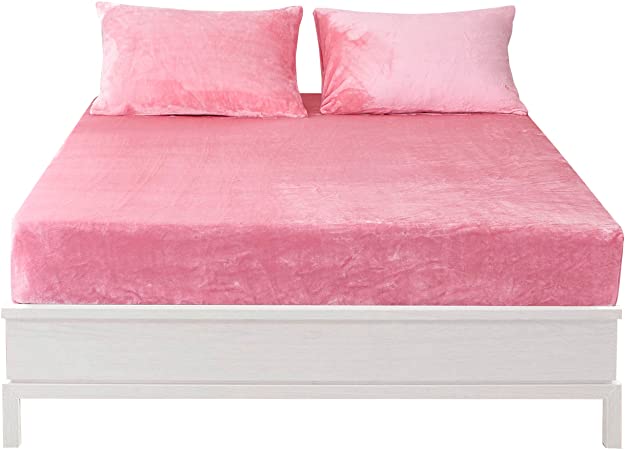 Jepson Fur Velour Fitted Sheet Only（No Flat Sheet or Pillow Shams）,Snug Fit,Wrinkle Free,for Standard Mattress and Air Bed Mattress, 16" Deep Pocket,Twin Pink