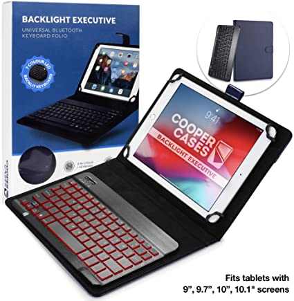 Cooper Backlight Executive Keyboard Case for 9'', 10'', 10.1'' inch Tablets | 2-in-1 Bluetooth Wireless Backlit Keyboard, 7 Color Keys (Blue)