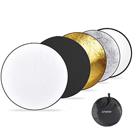 Andoer 43" 110CM 5 in 1 Reflector (Translucent, Silver, Gold, White, and Black) Pro Premium Grade Collapsible Disc Soft Round Portable Collapsible Multi Disc Light Photographic Lighting Reflector for Studio or any Photography Situation
