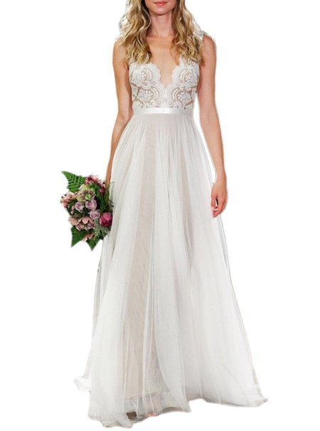 Ikerenwedding® Women's V-neck A-line Lace Tulle Long Wedding Dress for Bride