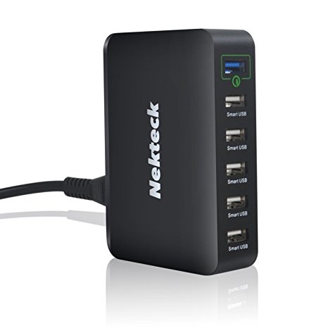 Nekteck Quick Charge 2.0 60W 6 Ports USB Turbo Desktop Charging Station Wall Charger for iPhone 6/6S/ Plus iPad Air 2 mini 3 Galaxy S7/S6 Edge/ Note 5 4 Nexus 6/6P/5X HTC M9 Moto X and More, Black