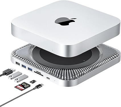 RayCue Mac Mini Hub & Type-C Stand with SSD Enclosure – Mac Mini Stand - Fits 2.5 Inch SATA SSD, USB-C Data Port, Dual USB 3.0/2.0 Port, Micro/SD Card Readers – for Mac Studio, Mac Mini M1 M2